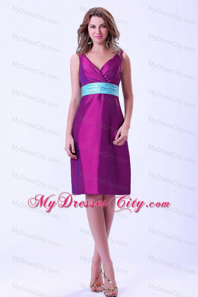 Purple V-neck Knee-length Maid of Honor Dress with Blue Belt