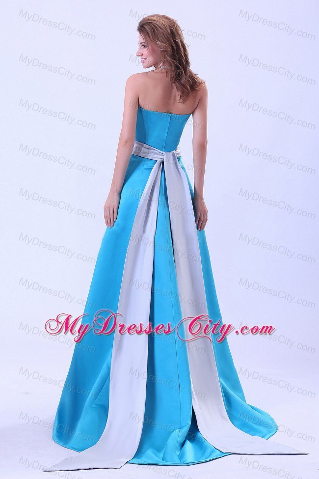 Blue Satin A-line Brush Train Bridemaid Dress with Gray Sash