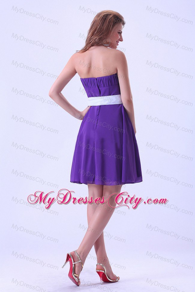 Purple Chiffon Knee-length Bridesmaid Dress with White Sash