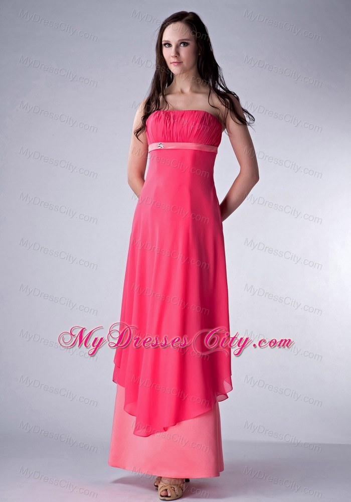 Red and Watermelon Strapless Bridesmaid Dress by Ankle-length