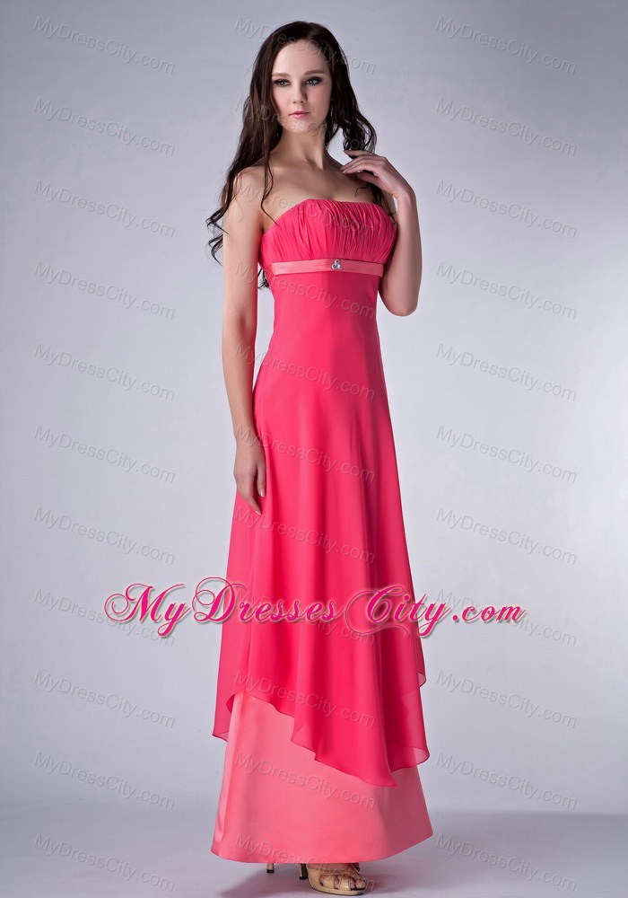 Red and Watermelon Strapless Bridesmaid Dress by Ankle-length