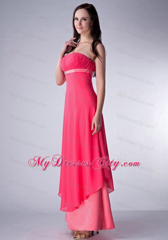 Red and Watermelon Strapless Bridesmaid Dress by Ankle-length