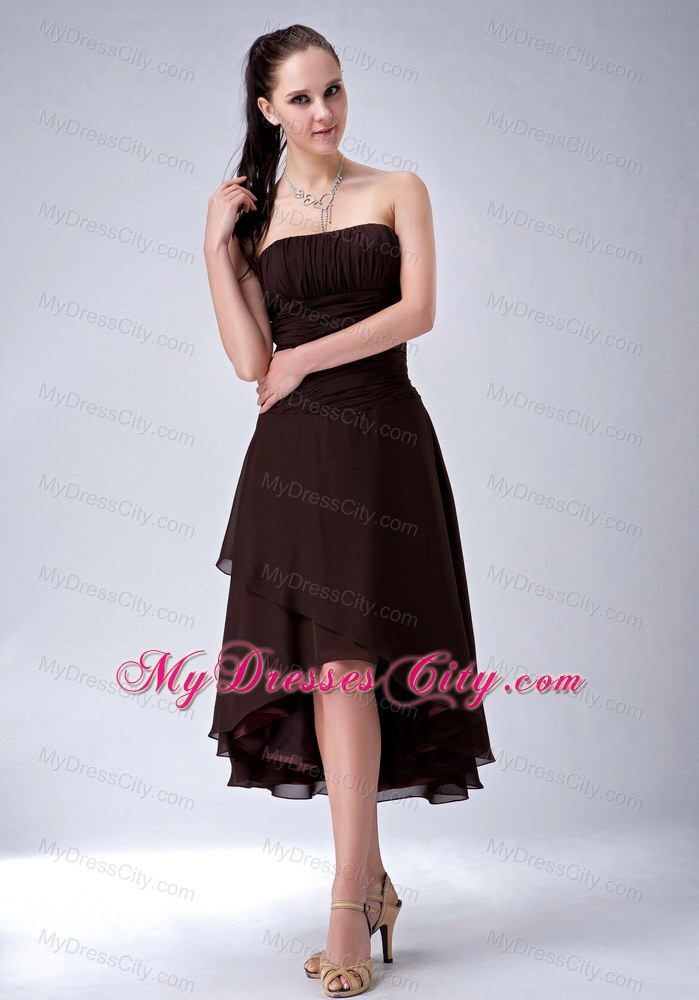 Simple Brown A-line High-low Strapless Chiffon Bridesmaid Dress