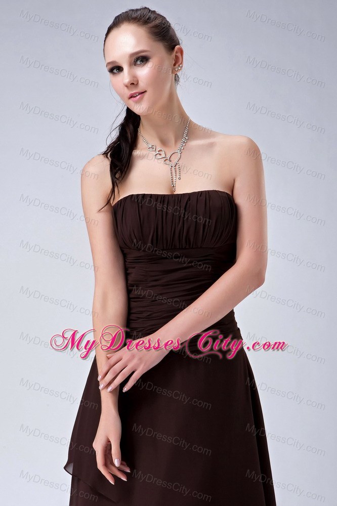 Simple Brown A-line High-low Strapless Chiffon Bridesmaid Dress