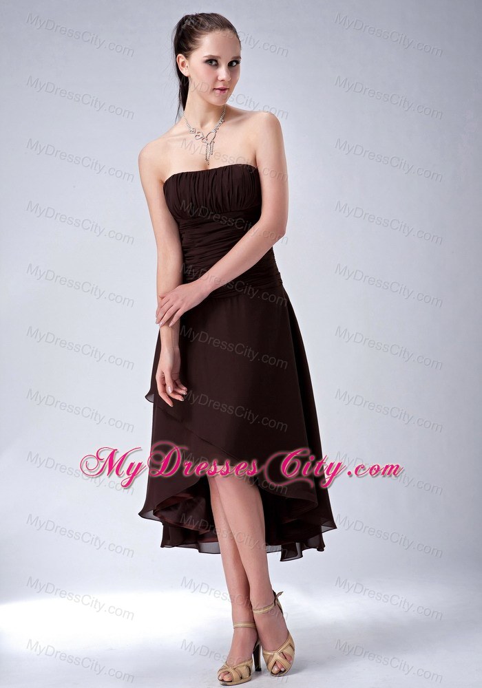 Simple Brown A-line High-low Strapless Chiffon Bridesmaid Dress