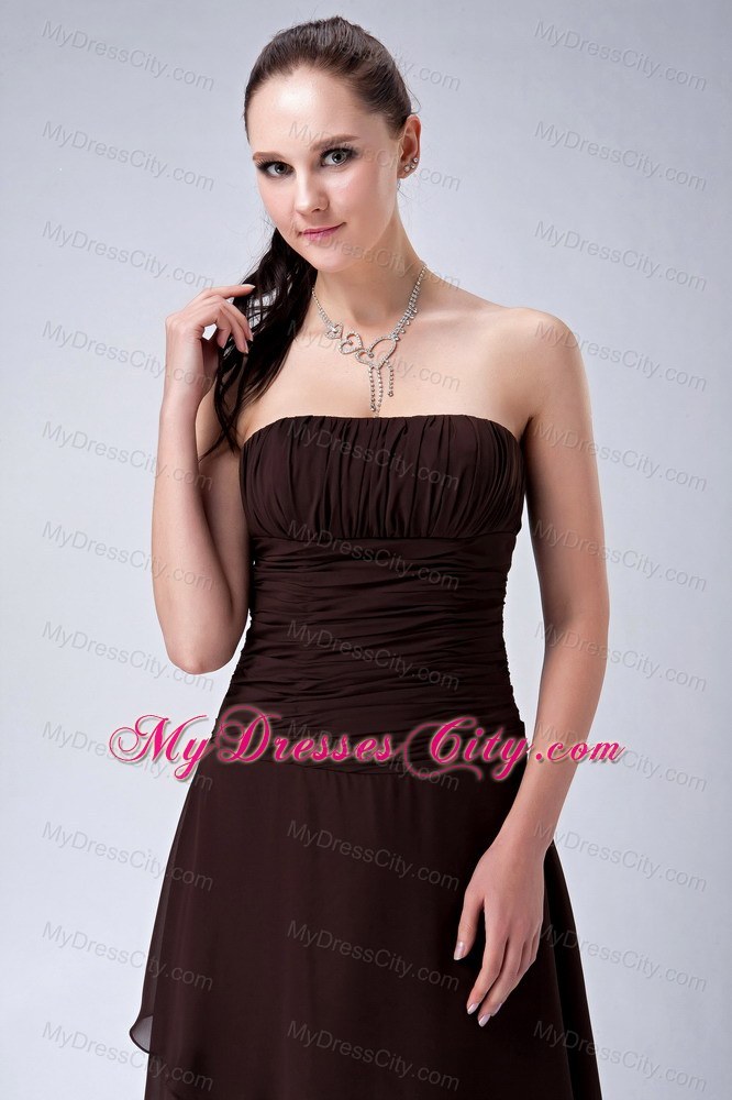 Simple Brown A-line High-low Strapless Chiffon Bridesmaid Dress