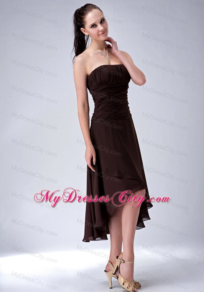 Simple Brown A-line High-low Strapless Chiffon Bridesmaid Dress