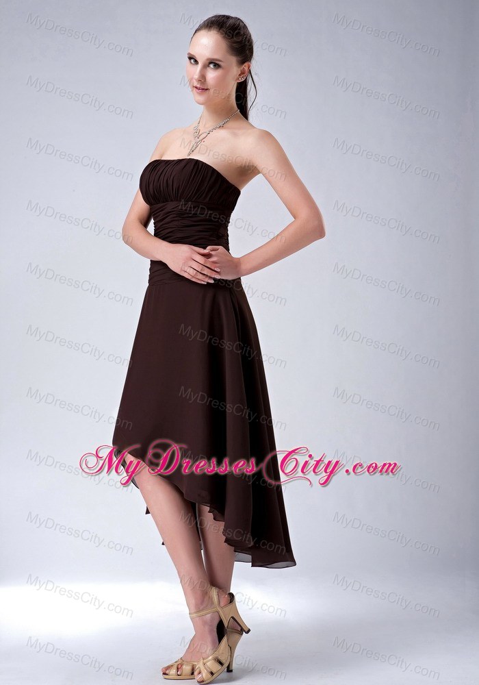 Simple Brown A-line High-low Strapless Chiffon Bridesmaid Dress