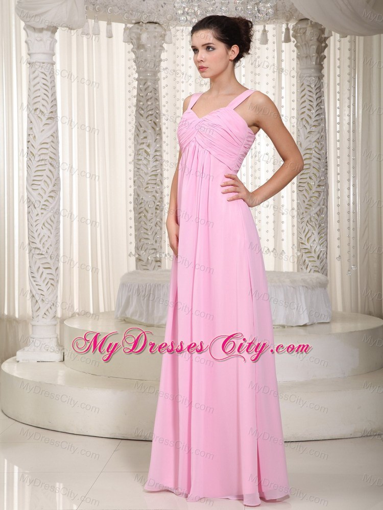 Baby Pink Empire Straps Floor-length Ruched Bridesmaid Dress