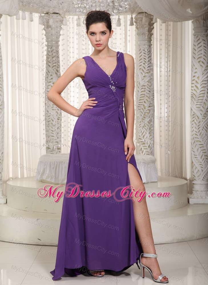 Purple Empire V-neck Beaded Bridesmaid Dress with Side Zipper