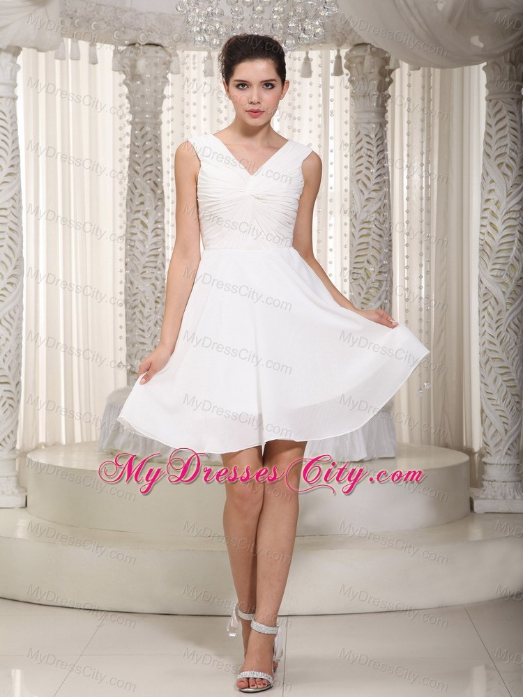 Simple White Empire V-neck Mini-length Chiffon Bridesmaid Gown