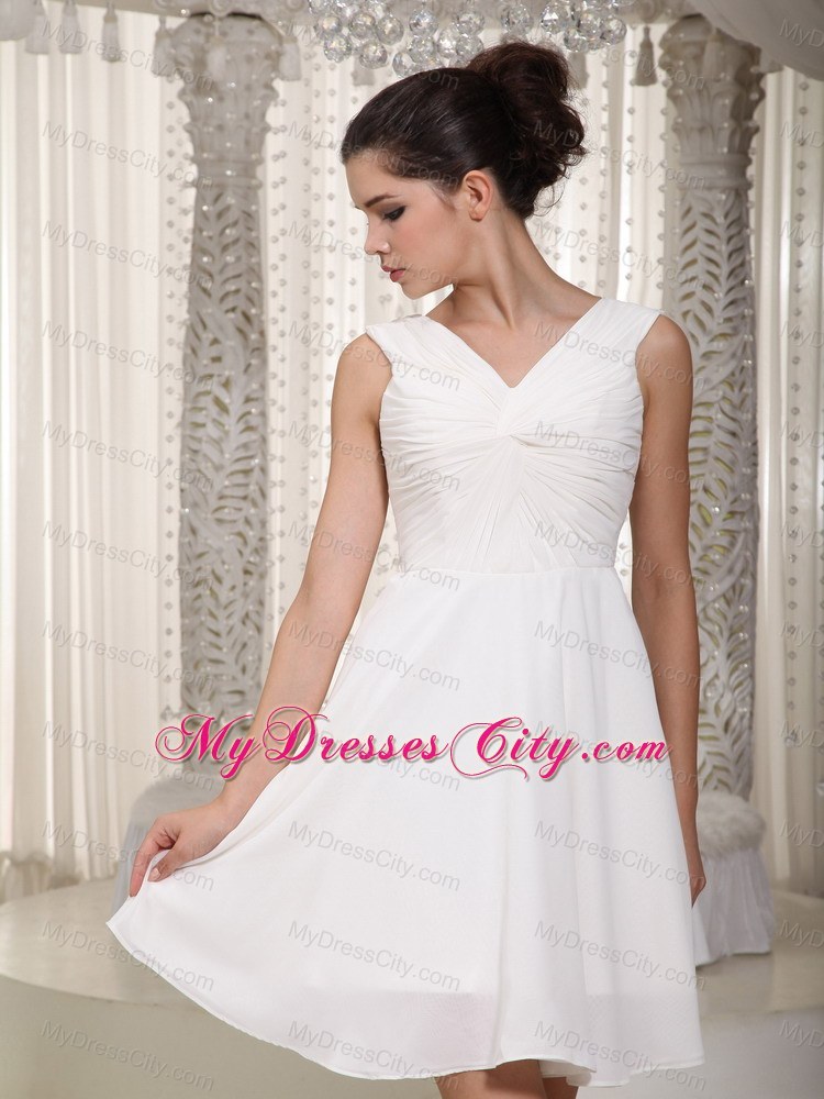 Simple White Empire V-neck Mini-length Chiffon Bridesmaid Gown