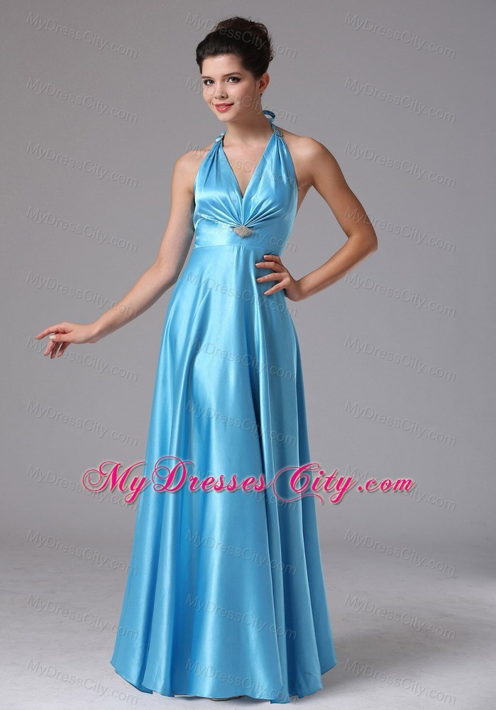 Stylish Baby Blue Halter Long Bridesmaid Dress with Backless