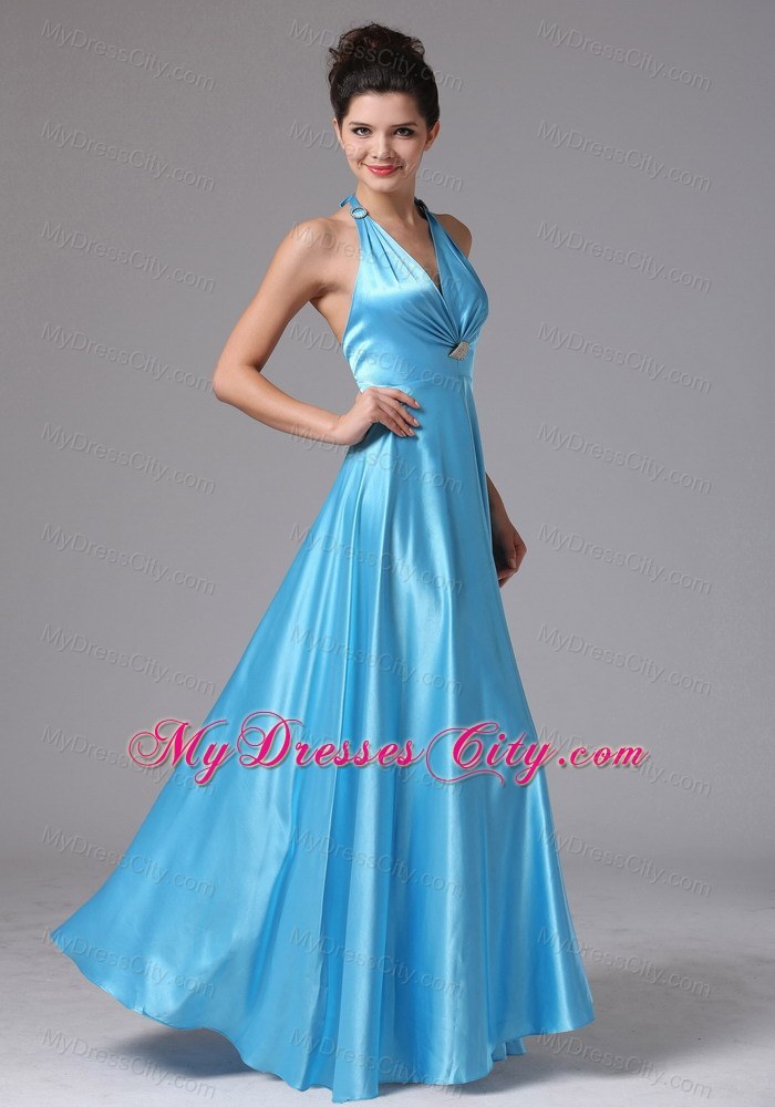 Stylish Baby Blue Halter Long Bridesmaid Dress with Backless