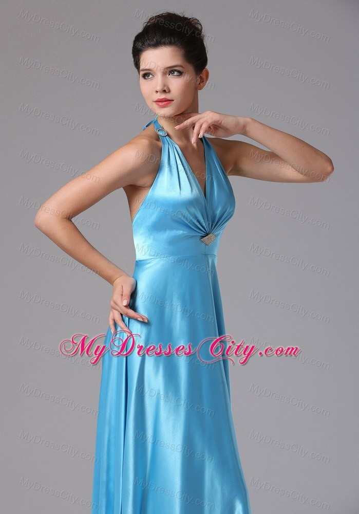 Stylish Baby Blue Halter Long Bridesmaid Dress with Backless