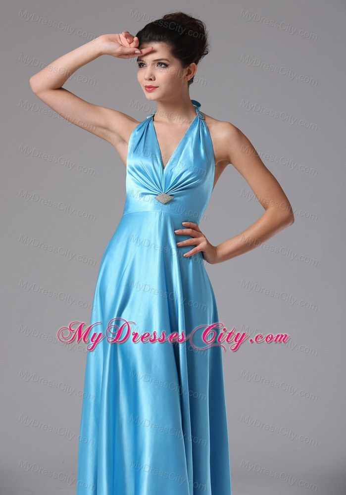 Stylish Baby Blue Halter Long Bridesmaid Dress with Backless