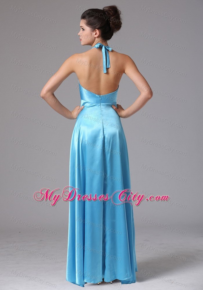 Stylish Baby Blue Halter Long Bridesmaid Dress with Backless