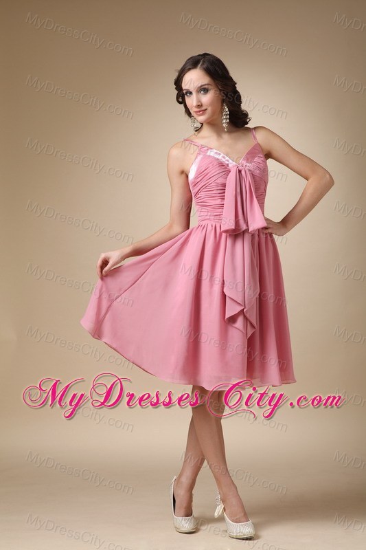 Cute Rose Pink A-line Spaghetti Straps Ruched Bridesmaid Dress