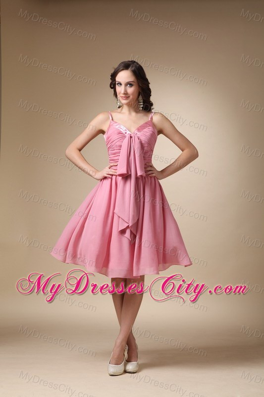 Cute Rose Pink A-line Spaghetti Straps Ruched Bridesmaid Dress