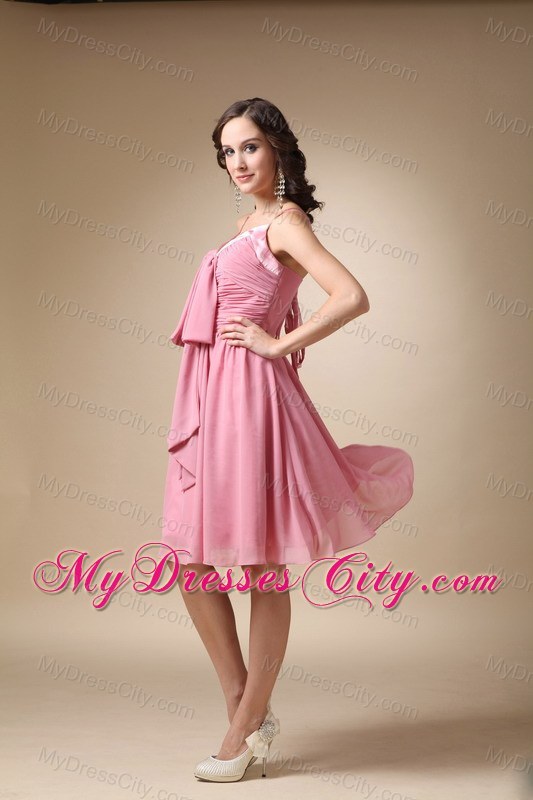 Cute Rose Pink A-line Spaghetti Straps Ruched Bridesmaid Dress