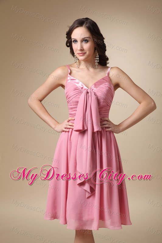 Cute Rose Pink A-line Spaghetti Straps Ruched Bridesmaid Dress