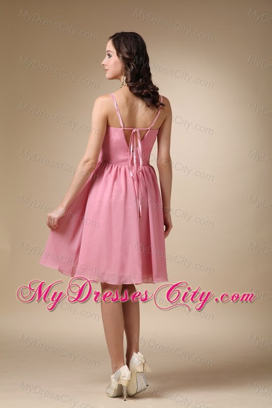 Cute Rose Pink A-line Spaghetti Straps Ruched Bridesmaid Dress