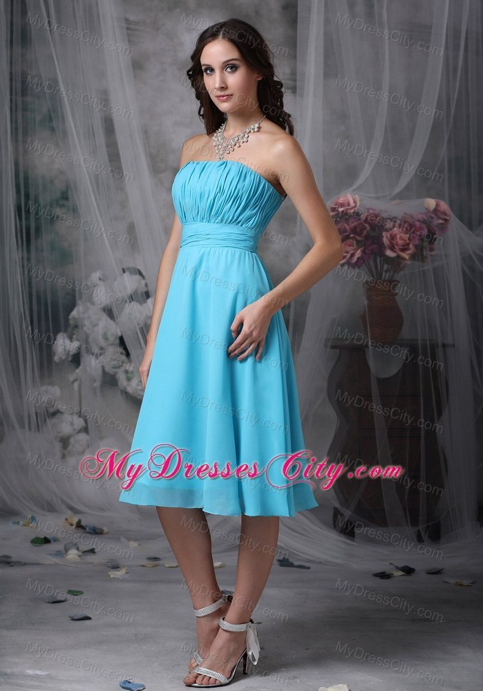 Aqua Blue Empire Strapless Knee-length Ruched Bridesmaid Gown