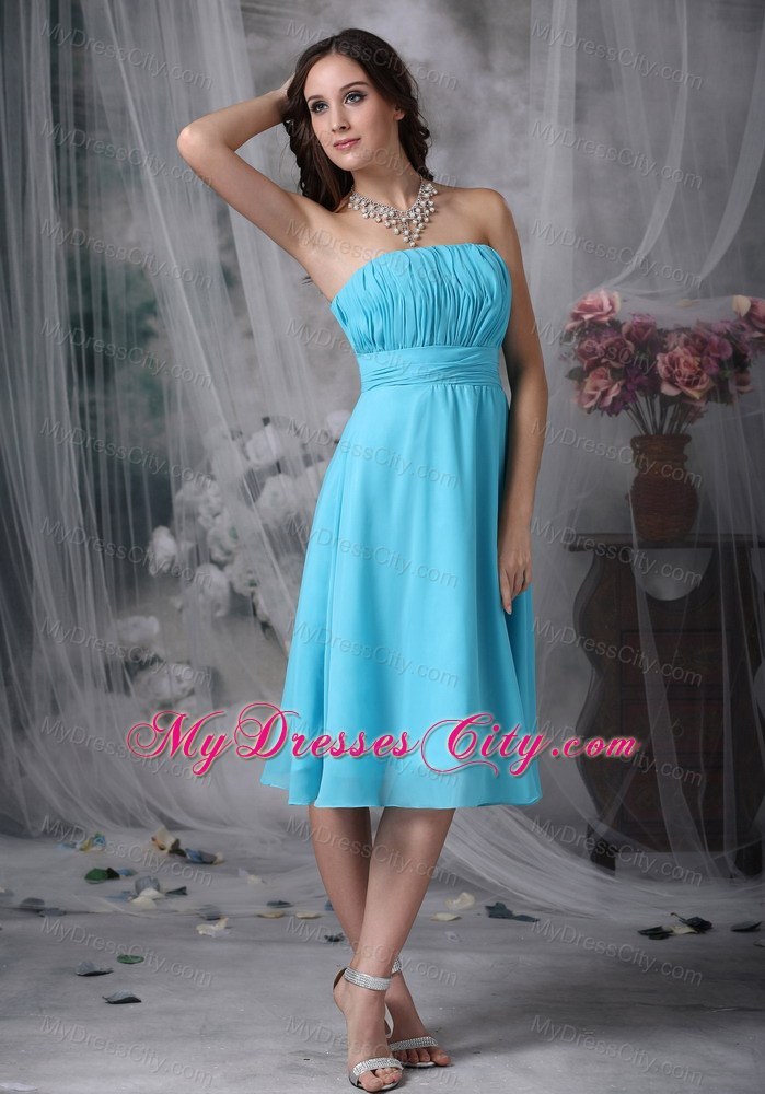 Aqua Blue Empire Strapless Knee-length Ruched Bridesmaid Gown