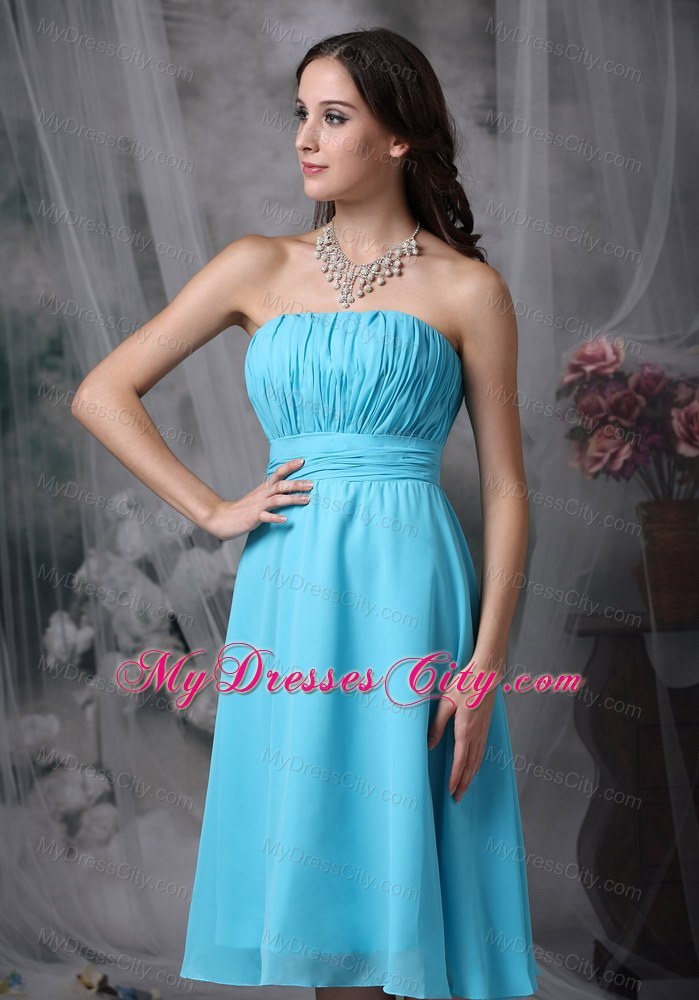 Aqua Blue Empire Strapless Knee-length Ruched Bridesmaid Gown