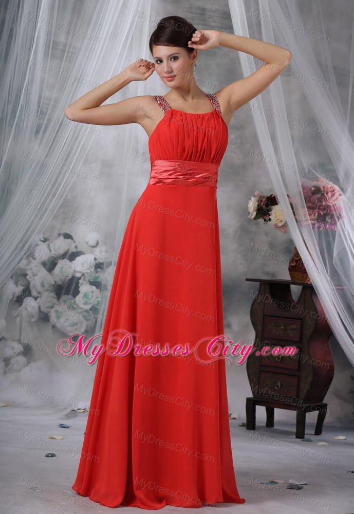 Beaded Decorate Straps Ruched Bodice Red Long Bridesmaid Dress