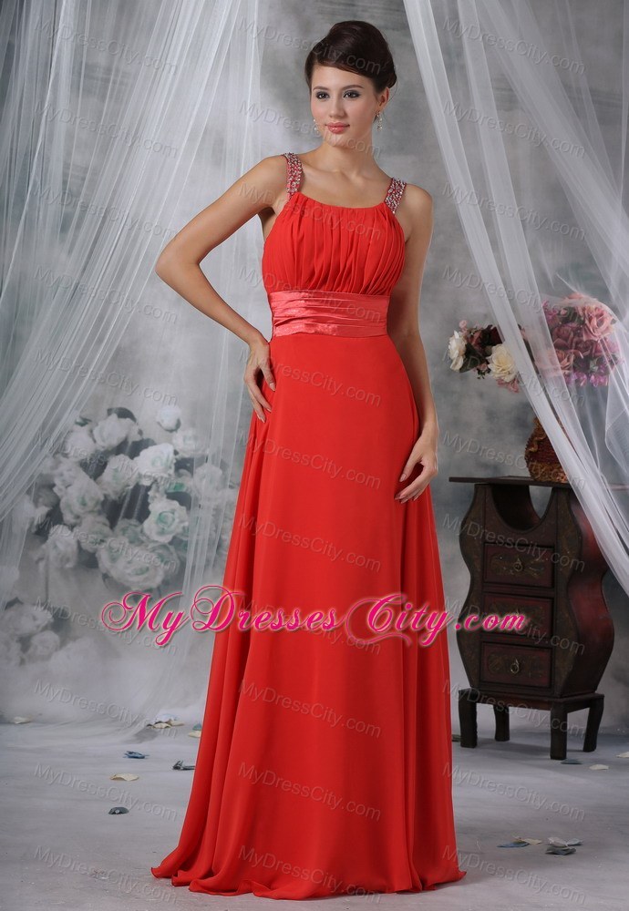 Beaded Decorate Straps Ruched Bodice Red Long Bridesmaid Dress