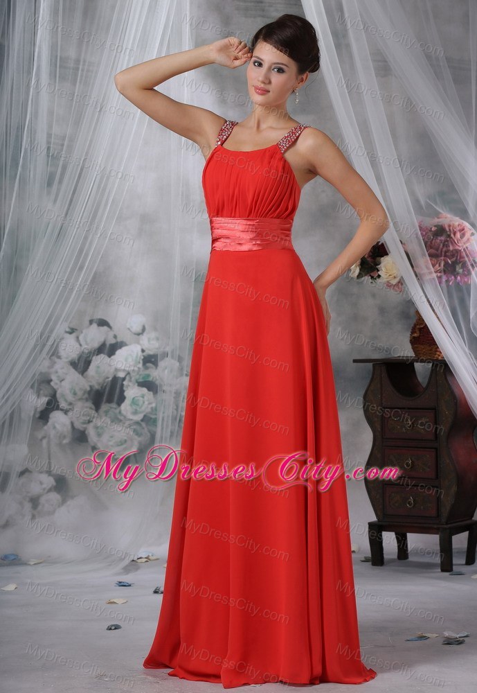 Beaded Decorate Straps Ruched Bodice Red Long Bridesmaid Dress