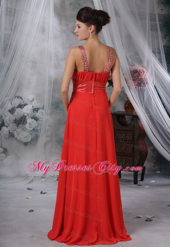 Beaded Decorate Straps Ruched Bodice Red Long Bridesmaid Dress