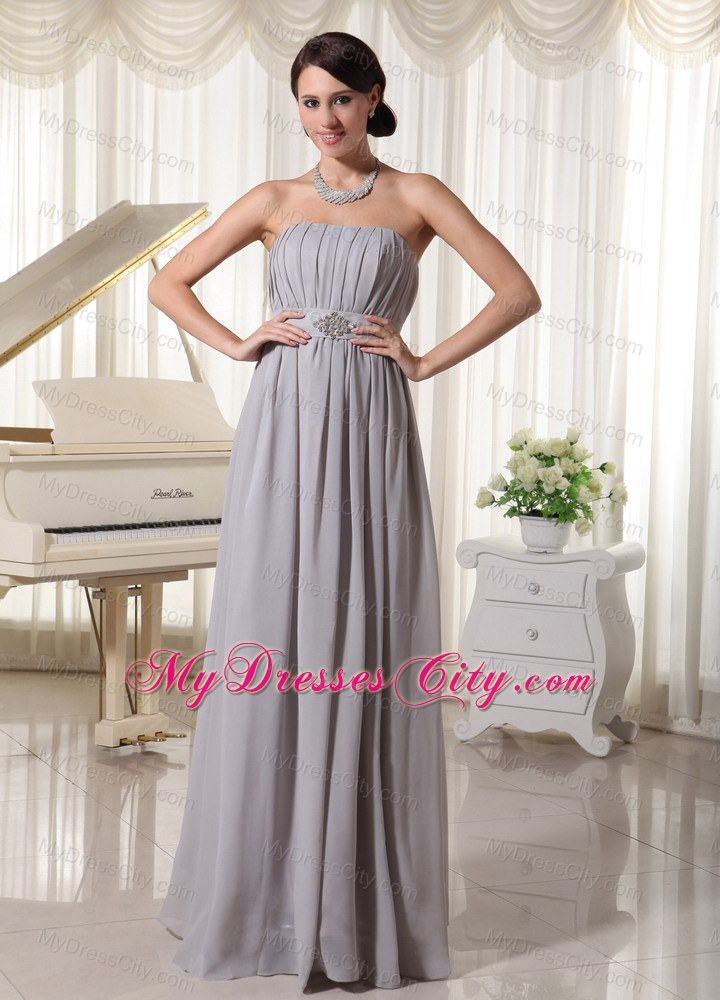 Simple Grey Empire Bridesmaid Dress with Ruching and Beading