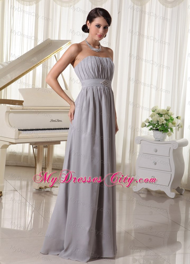 Simple Grey Empire Bridesmaid Dress with Ruching and Beading