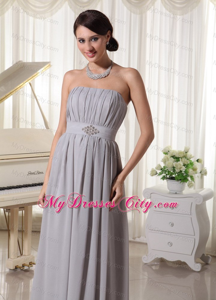 Simple Grey Empire Bridesmaid Dress with Ruching and Beading