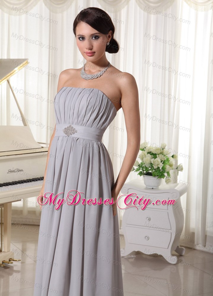 Simple Grey Empire Bridesmaid Dress with Ruching and Beading