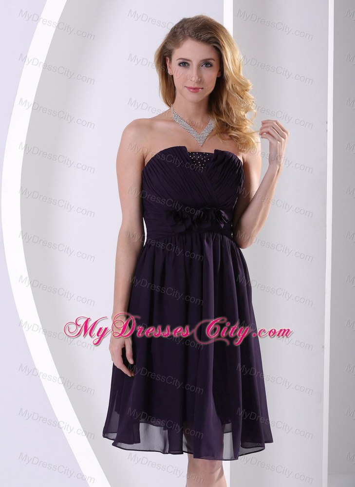 Dark Purple A-line Knee-length Hand Made Flower Bridesmaid Dress