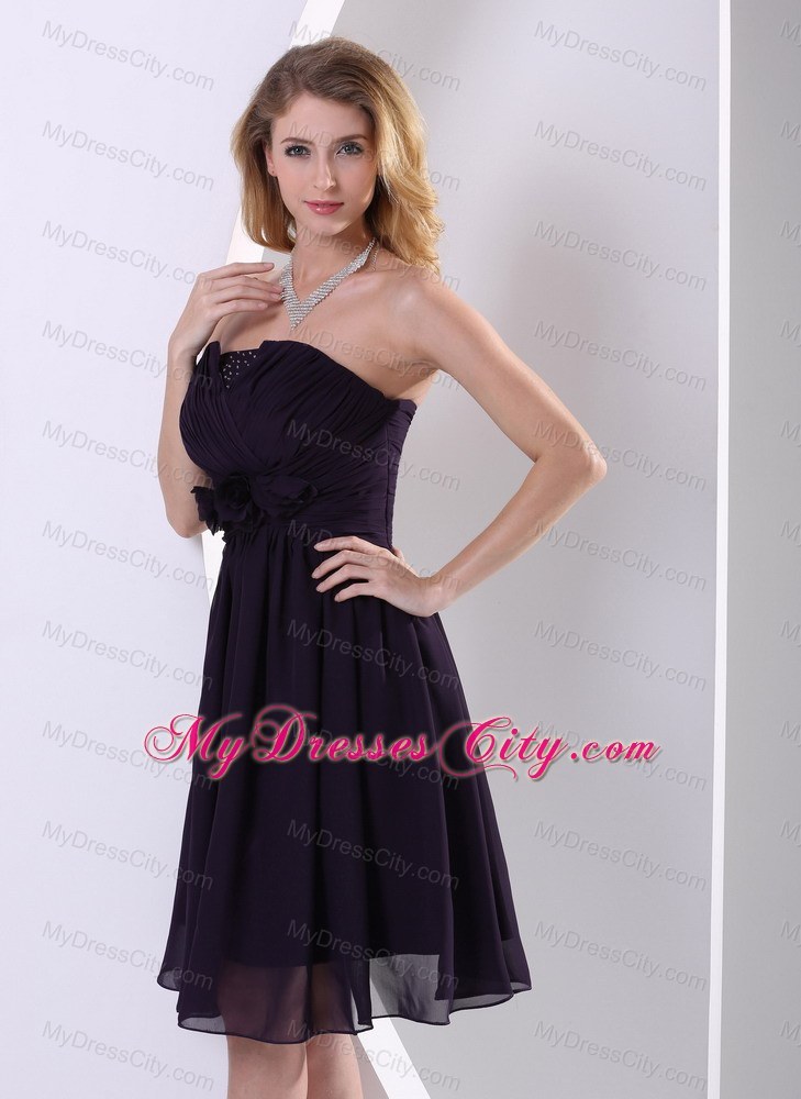 Dark Purple A-line Knee-length Hand Made Flower Bridesmaid Dress