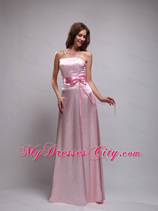 Baby Pink Empire Long Beaded and Bowknot Maid of Honor Dress