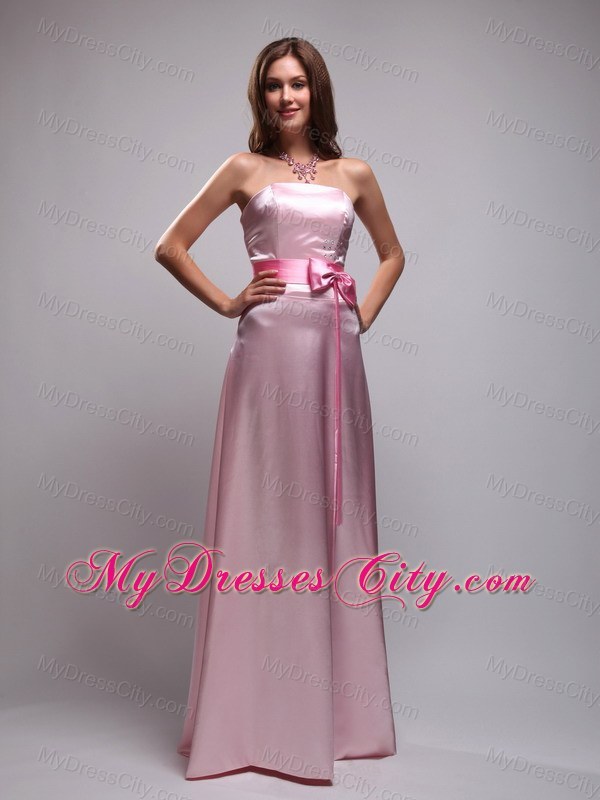 Baby Pink Empire Long Beaded and Bowknot Maid of Honor Dress