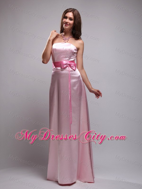 Baby Pink Empire Long Beaded and Bowknot Maid of Honor Dress