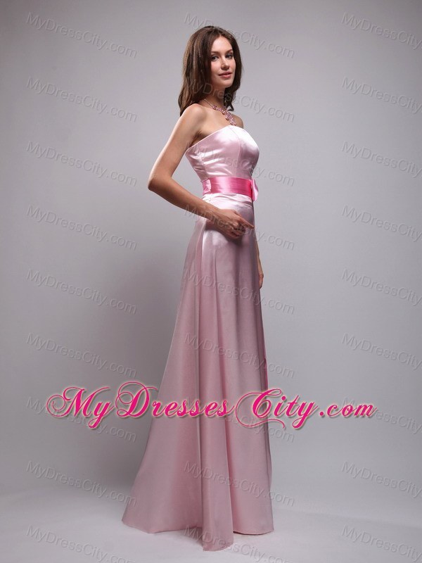 Baby Pink Empire Long Beaded and Bowknot Maid of Honor Dress