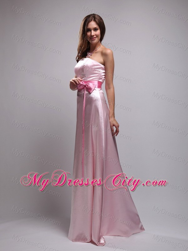 Baby Pink Empire Long Beaded and Bowknot Maid of Honor Dress