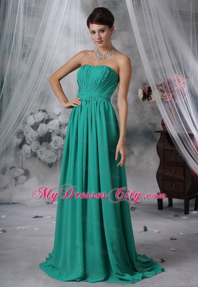 Ruched Bodice Brush Train Turquoise Strapless Bridesmaid Dress