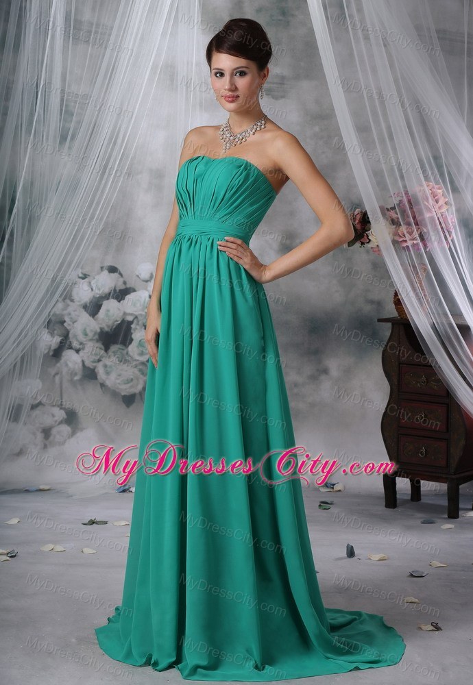 Ruched Bodice Brush Train Turquoise Strapless Bridesmaid Dress