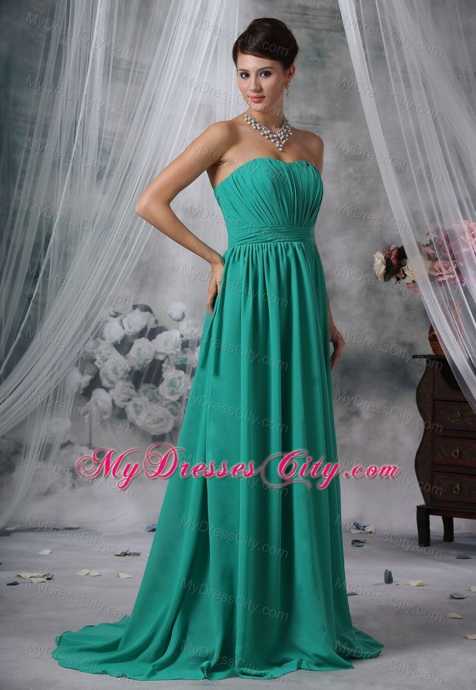 Ruched Bodice Brush Train Turquoise Strapless Bridesmaid Dress