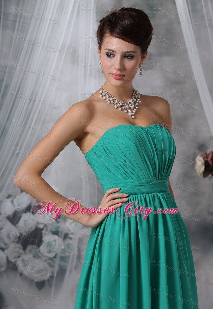 Ruched Bodice Brush Train Turquoise Strapless Bridesmaid Dress