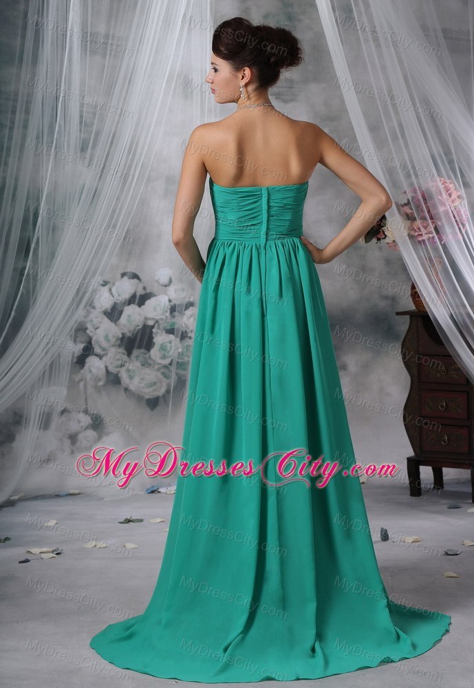 Ruched Bodice Brush Train Turquoise Strapless Bridesmaid Dress