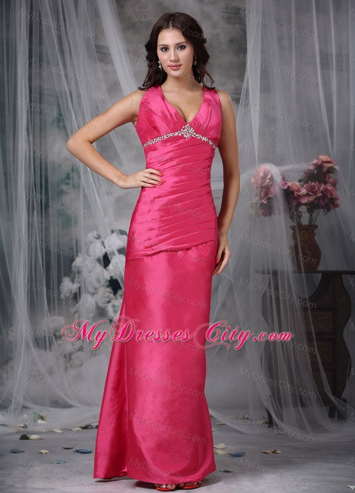 Coral Red Column V-neck Ankle-length Beaded Bridesmaid Dress